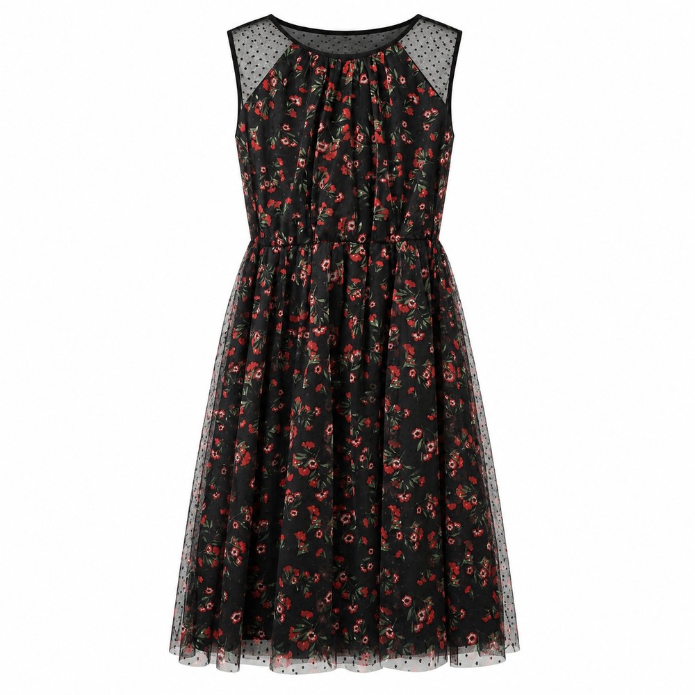 Draper James RSVP Dress Womens XXL Black Floral Mesh Swiss Dot Sleeveless Midi